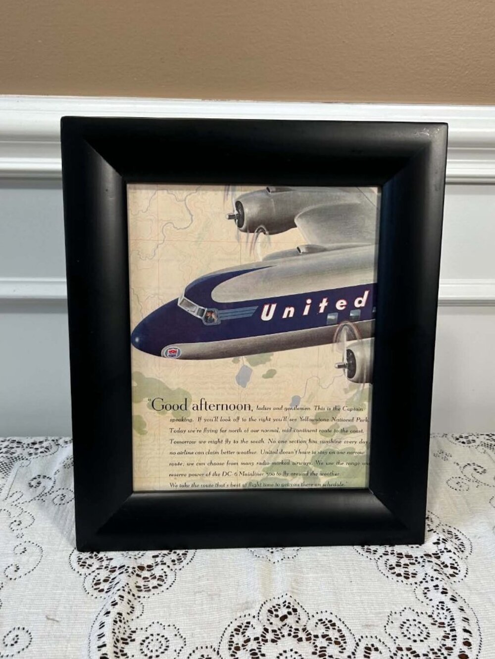 Vintage 1950 United Airlines Saturday Evening Post Framed Ad 11"x13"